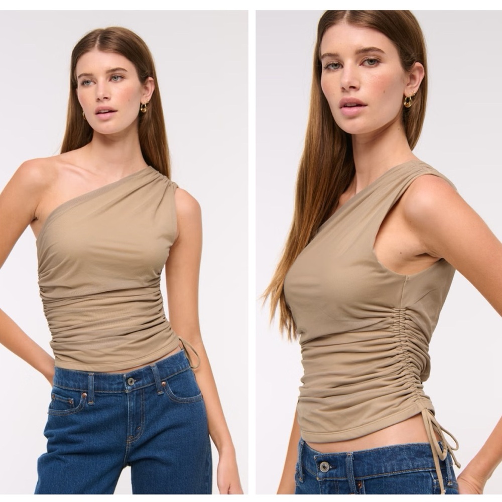 ✨NWT Abercrombie Tan One-Shoulder Cinched Tie Top Lined Mesh